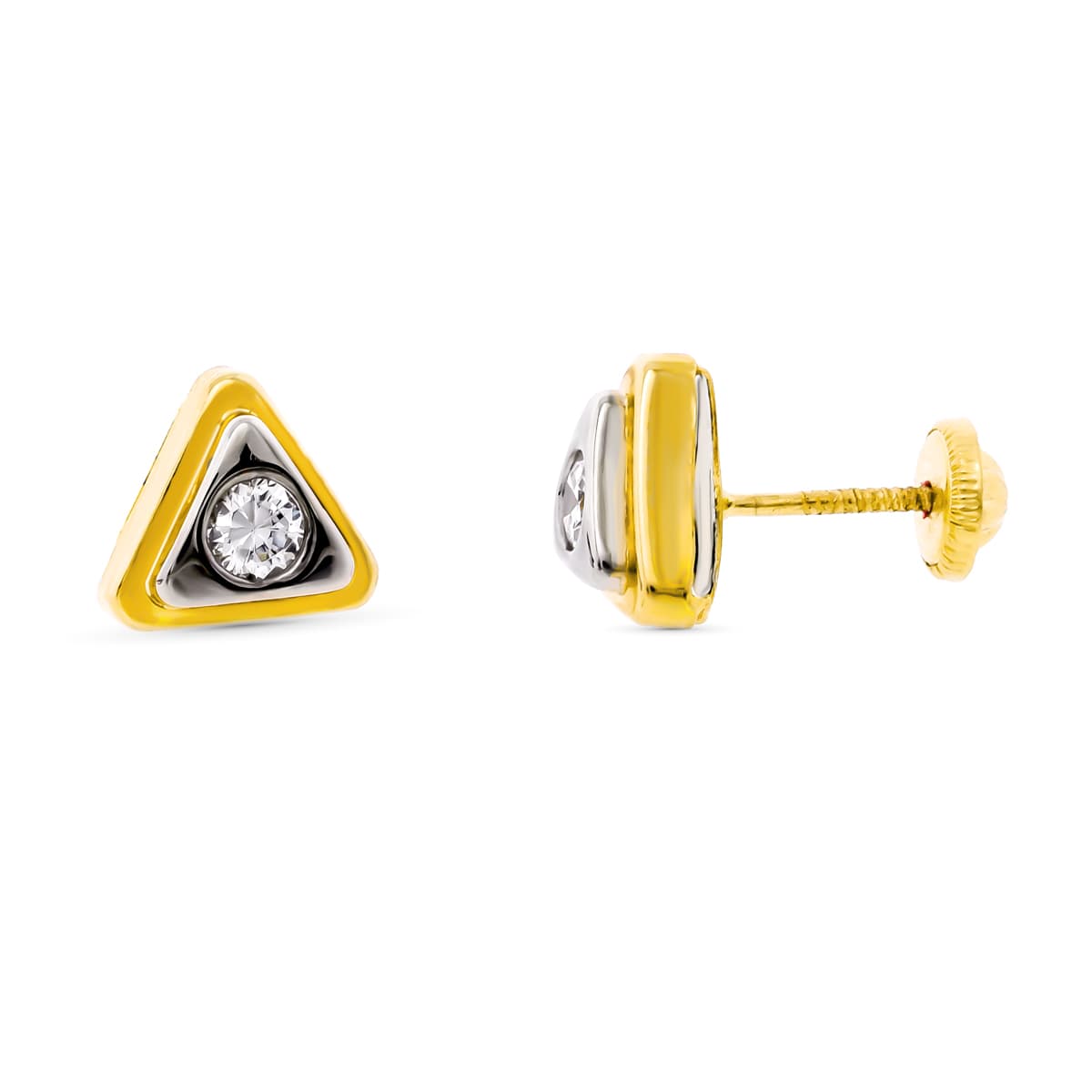 18 Ayar İki Tonlu Altın Zirkonlu Üçgen Küpe 8X8 mm Vida Toka