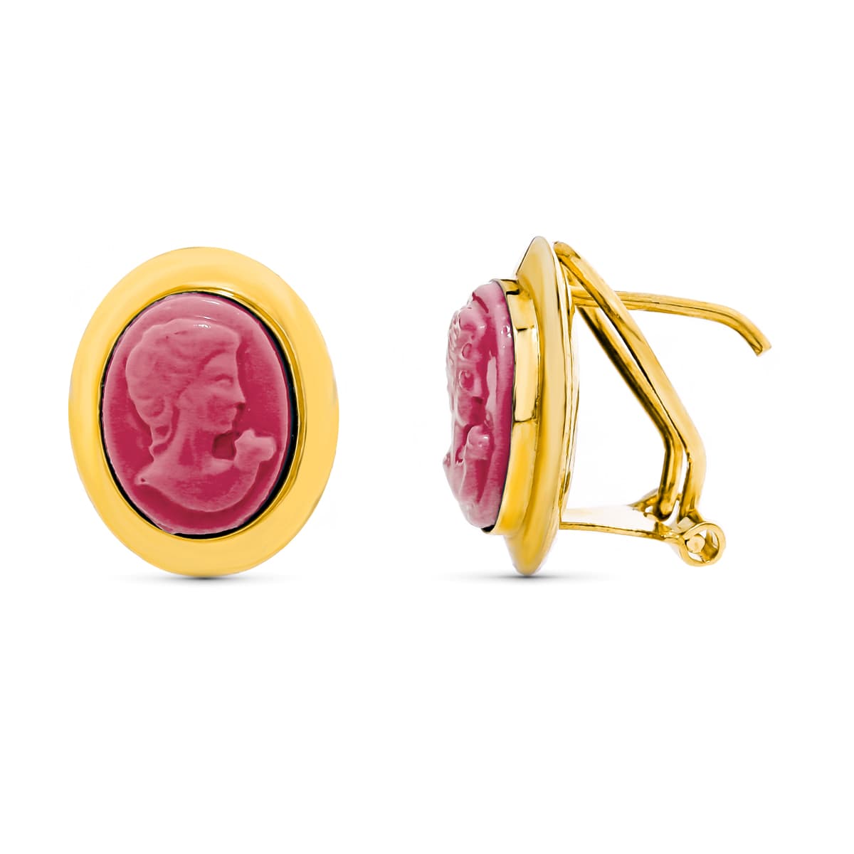 18K Boucles d'oreilles Or Jaune Camée 10X8 mm Corail Fermoir à Charnière