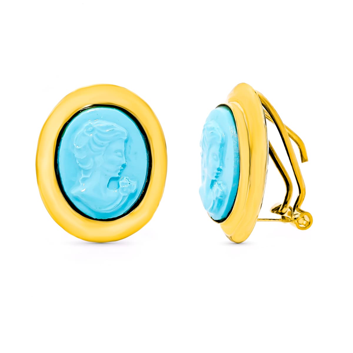 18K Boucles d'oreilles Or Jaune Camée Turquoise Fermoir à Charnière