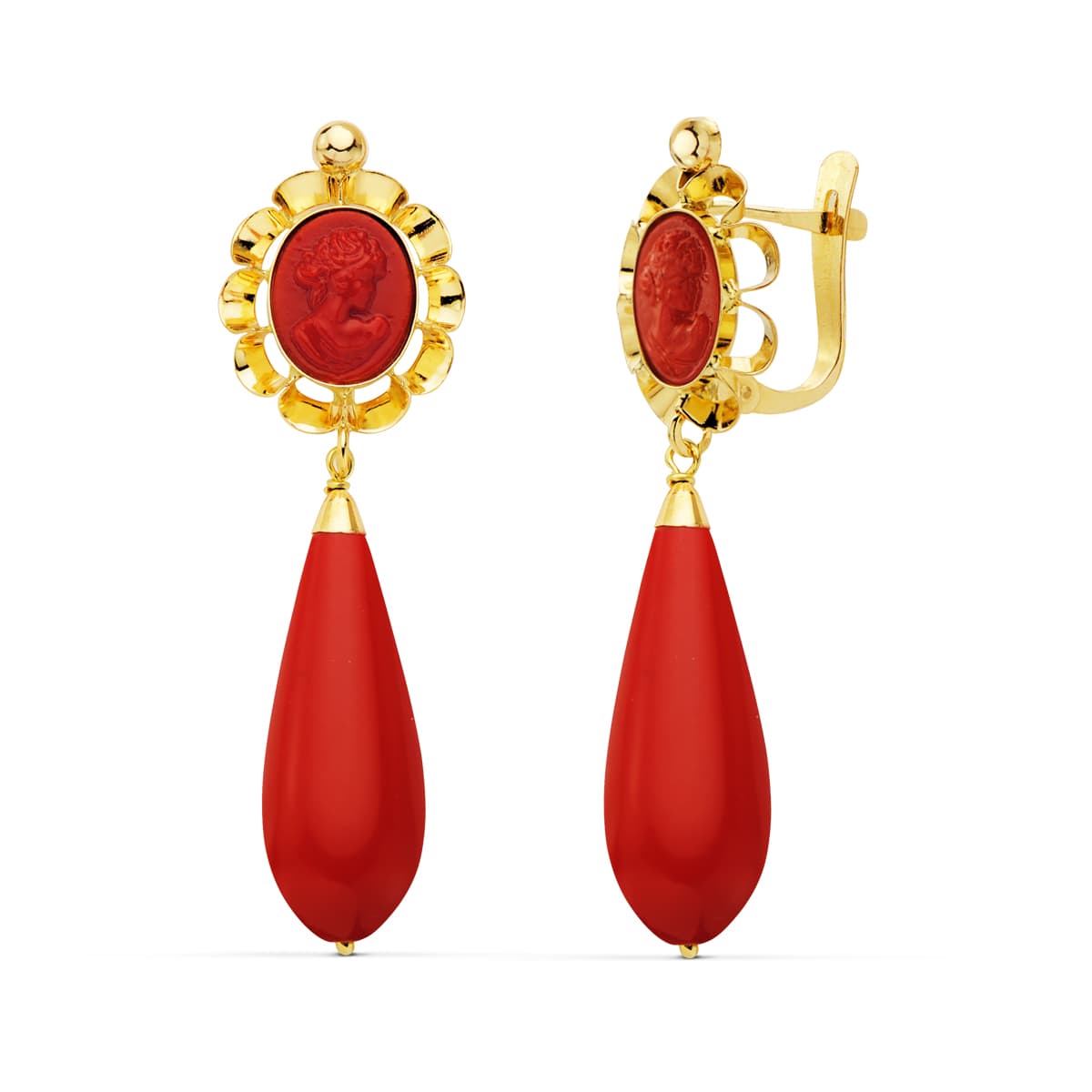 18K Boucles d'oreilles en Or Jaune Turquoise Corail 47 X 14 mm Fermoir à Charnière