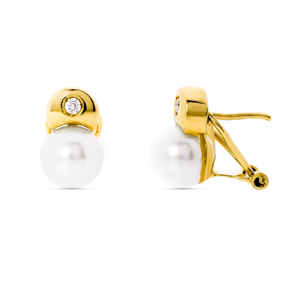 18K Boucles d'oreilles Or Jaune Perle de Culture 7 mm 12 X 7 mm Fermoir Omerga