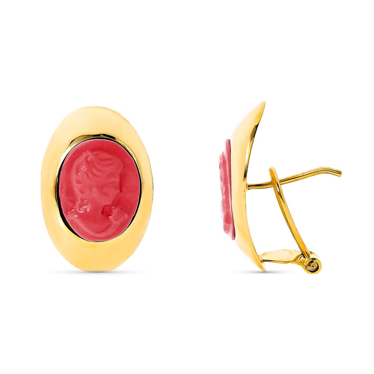 Boucles d'oreilles Camée Coraline Or Jaune 18K 20X13 mm Fermoir Omega