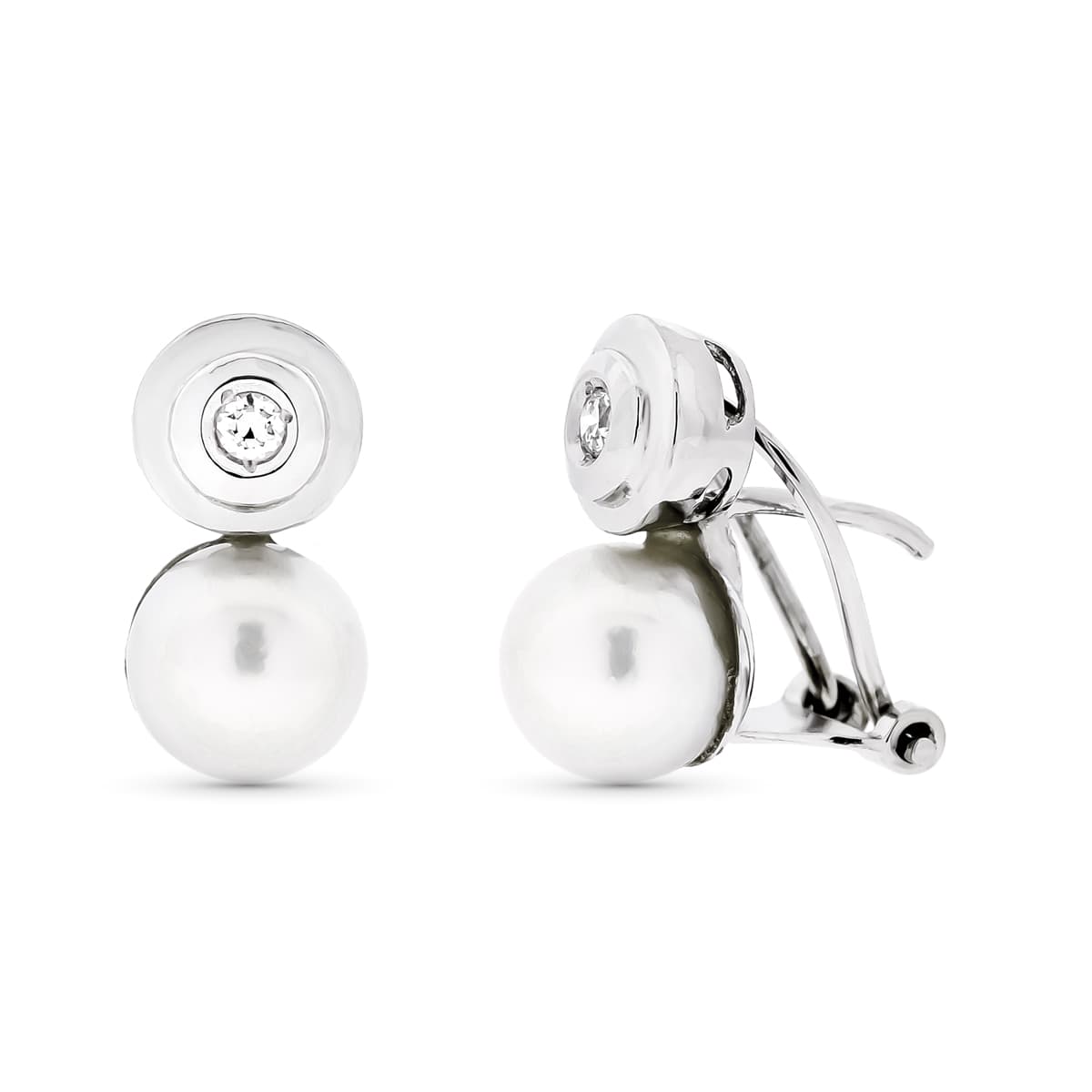 Boucles d'oreilles Or Blanc 18K Perle de Culture 7 mm 14X7 mm Fermoir Omega
