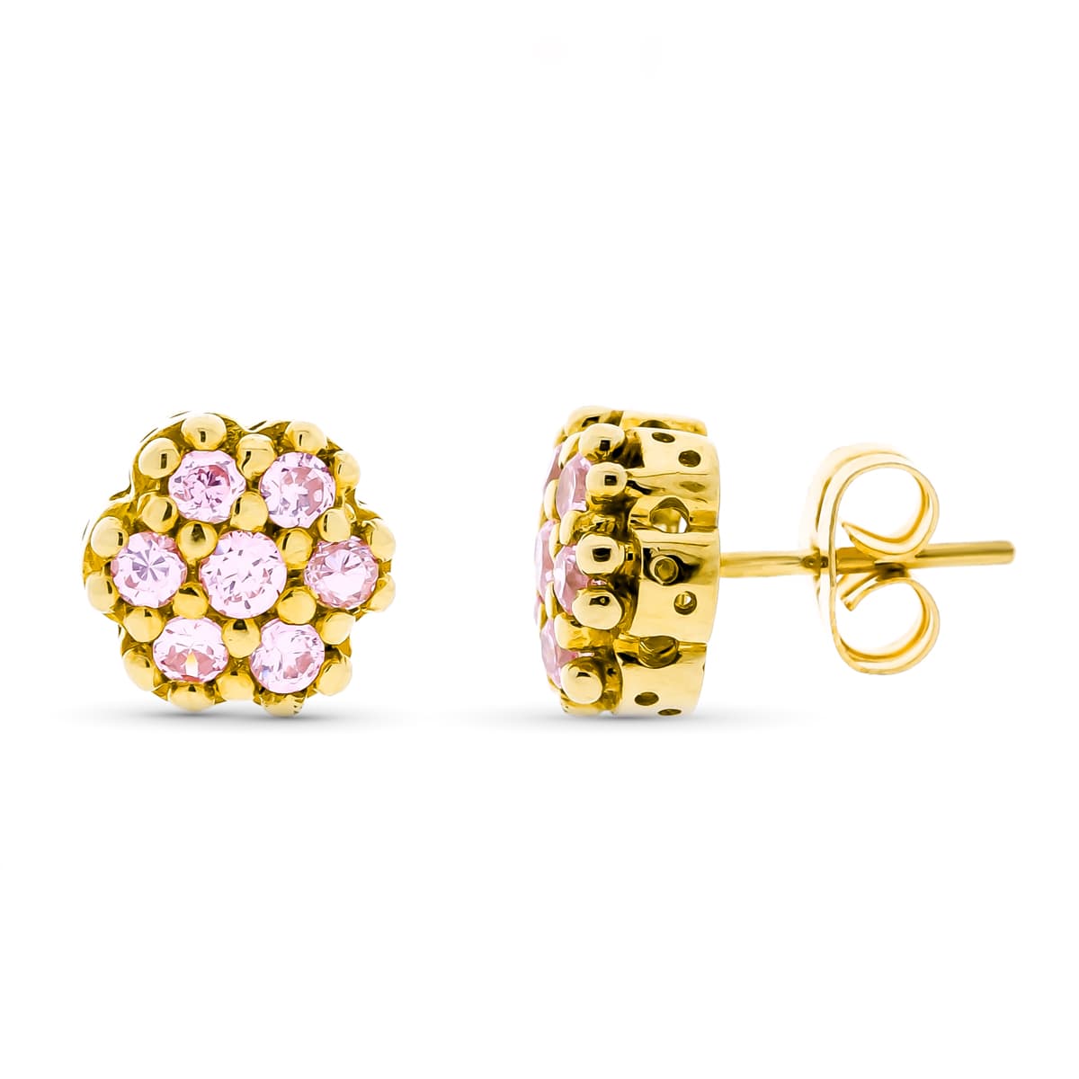 18 K gul guld øreringe Pink zirkoner 9 mm sommerfugl lås