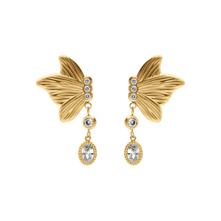Boucles d’oreilles papillon en acier doré avec oxydes blancs sertis clos