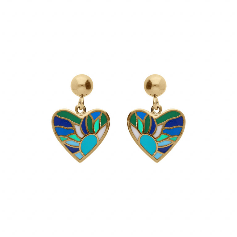 Boucles d’oreilles cœur résine bleu vert – Acier doré | Azuline