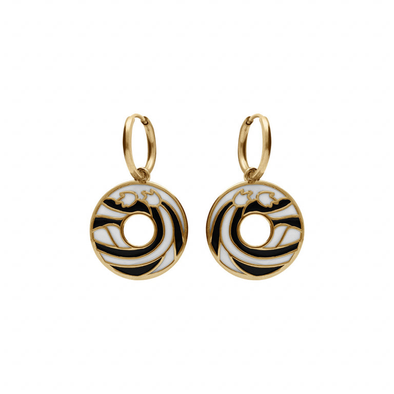 Boucles d’oreilles anneau en résine noire et blanche en acier doré