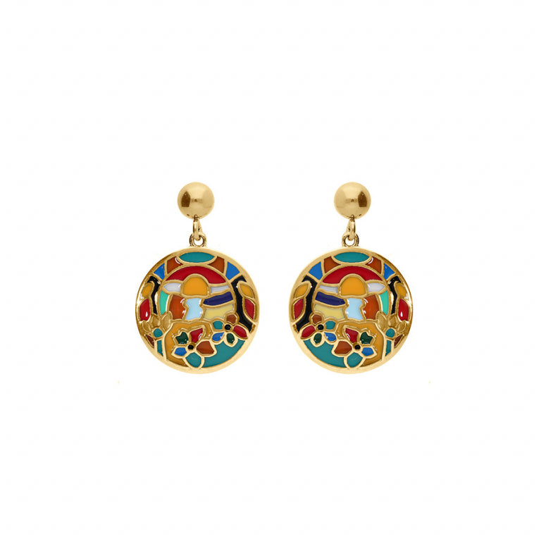 Boucles d’oreilles rondes résine rouge, bleue et jaune en acier doré – Azuline