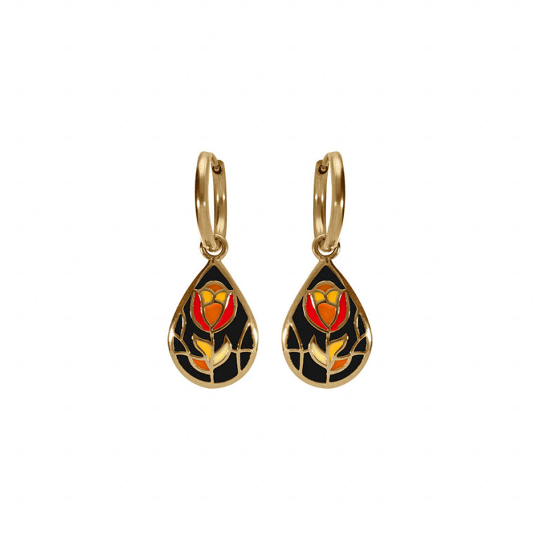 Boucles d’oreilles motif goutte résine noire et rouge – Acier doré | Azuline