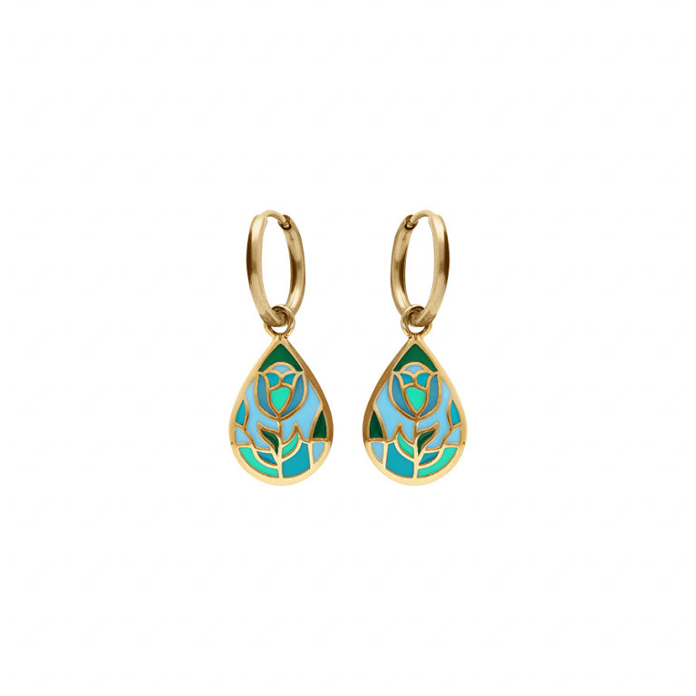 Boucles d’oreilles motif goutte bleu vert en acier doré