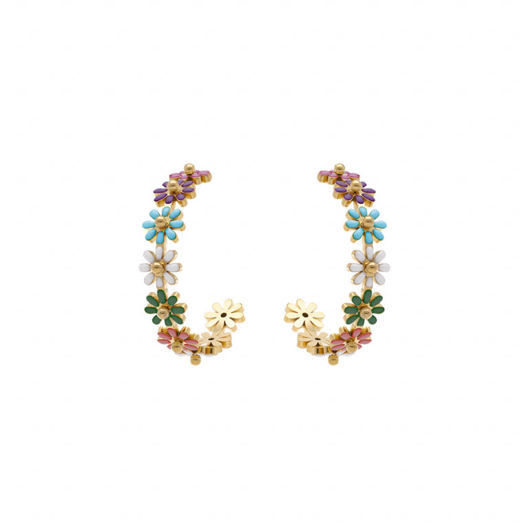 Créoles en acier avec fleurs multicolores en résine