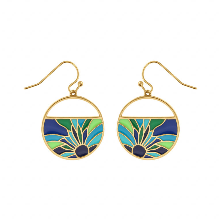 Boucles d’oreilles motif floral résine bleue et verte – Acier doré | Azuline