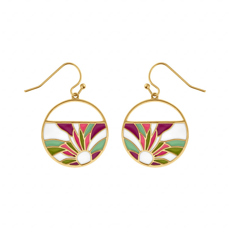 Boucles d’oreilles acier doré jaune motif fleur rose et violet