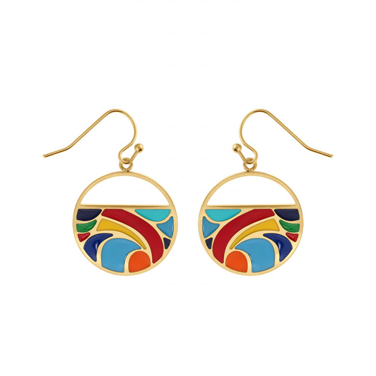 Boucles d’oreilles motif abstrait multicolore en acier doré