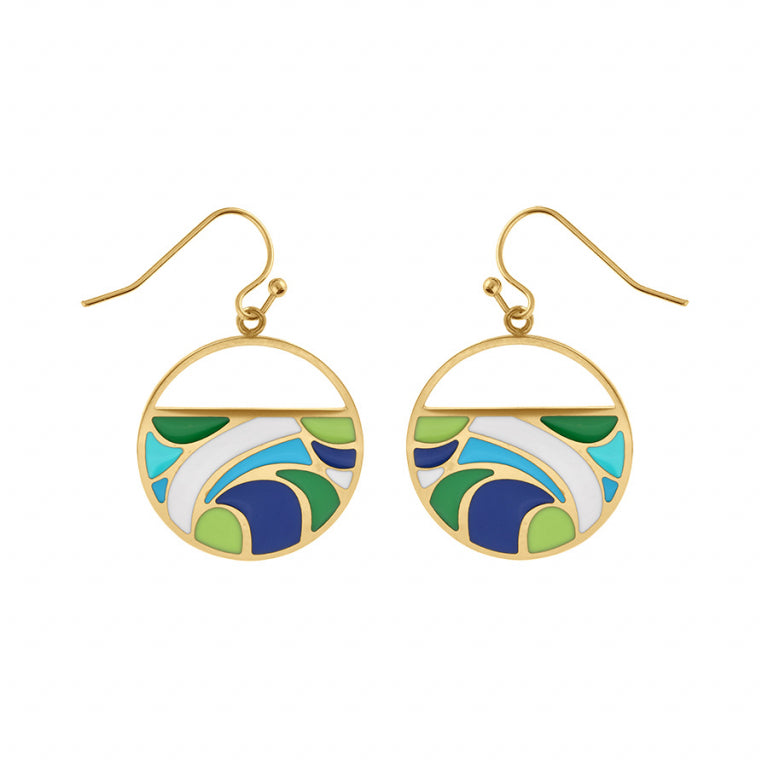 Boucles d’oreilles cercle résine verte et bleue en acier doré – Azuline – vue 2
