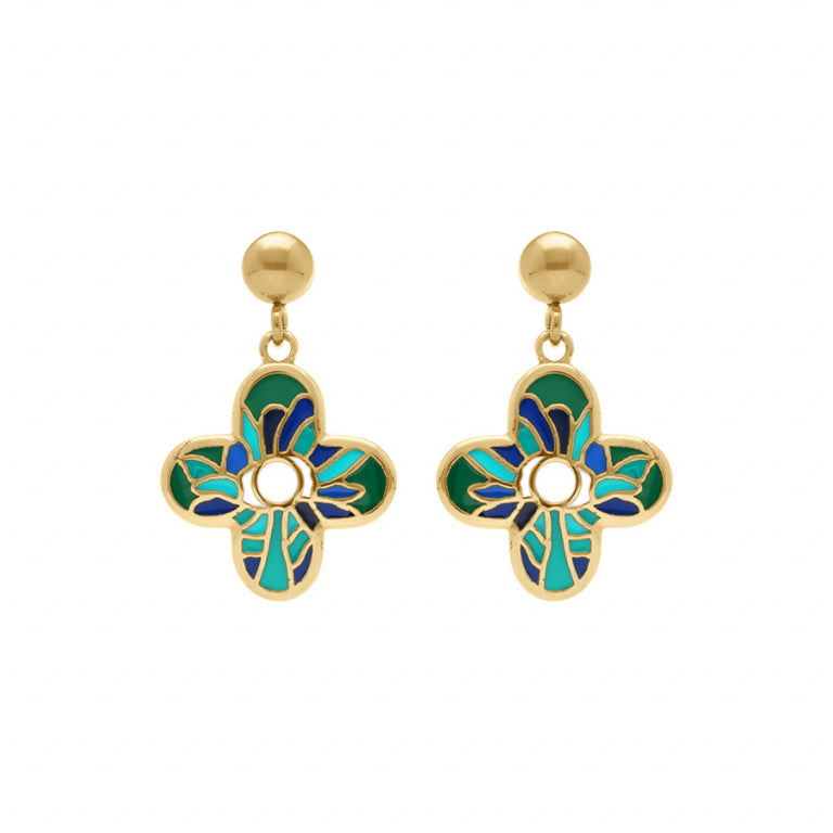 Boucles d’oreilles fleur en résine verte et bleue – Acier doré | Azuline