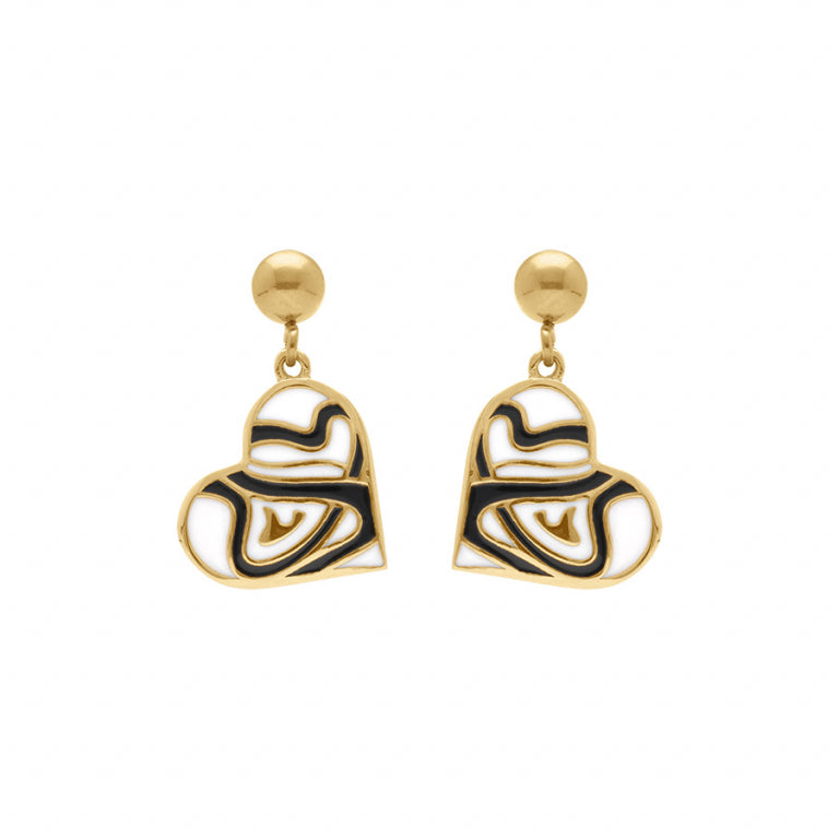 Boucles d’oreilles cœur en acier doré avec résine blanche et noire