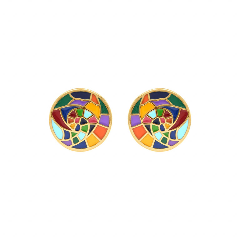 Boucles d’oreilles ronde motif mosaïque multicolore en acier doré