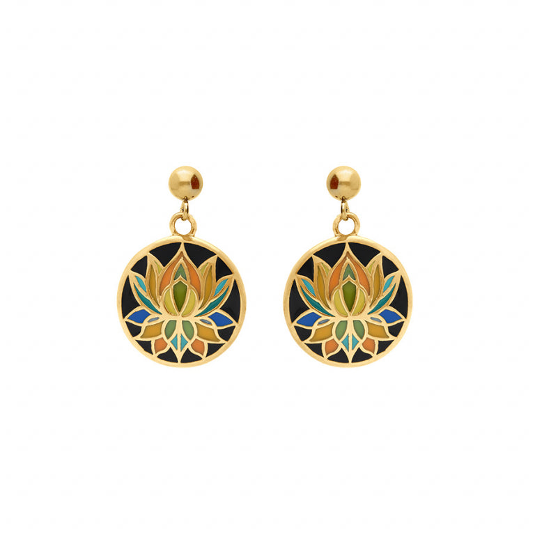 Boucles d’oreilles fleur de lotus en acier doré avec résine fond noir