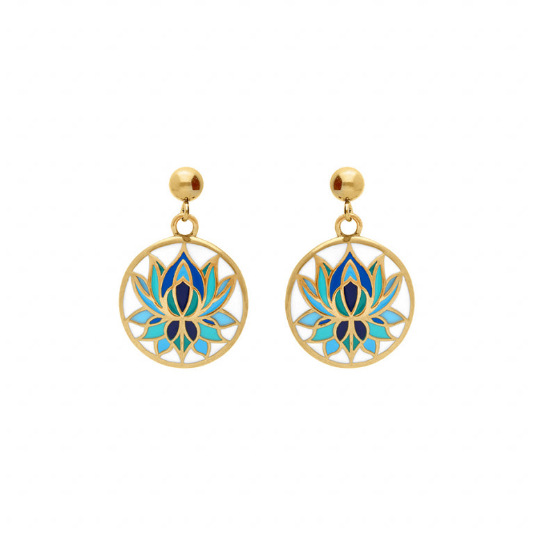 Boucles d’oreilles fleur de lotus en acier doré avec résine blanche