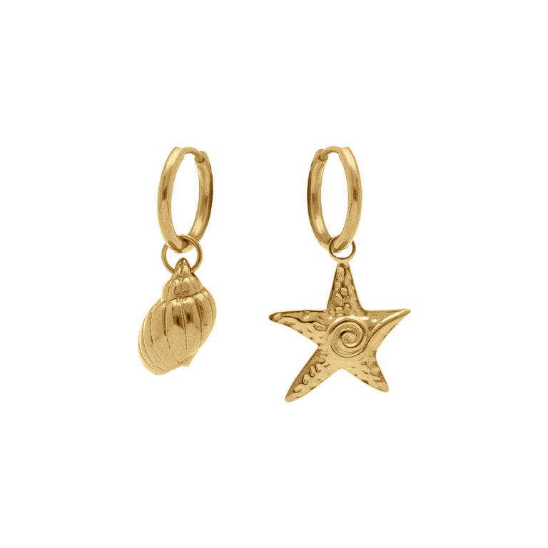 Boucles d’oreilles coquillage et étoile de mer – Acier doré | Azuline