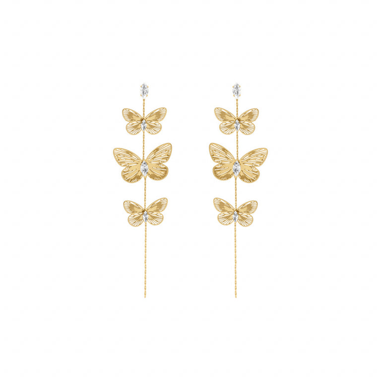 Boucles d’oreilles papillons en acier doré avec oxydes blancs