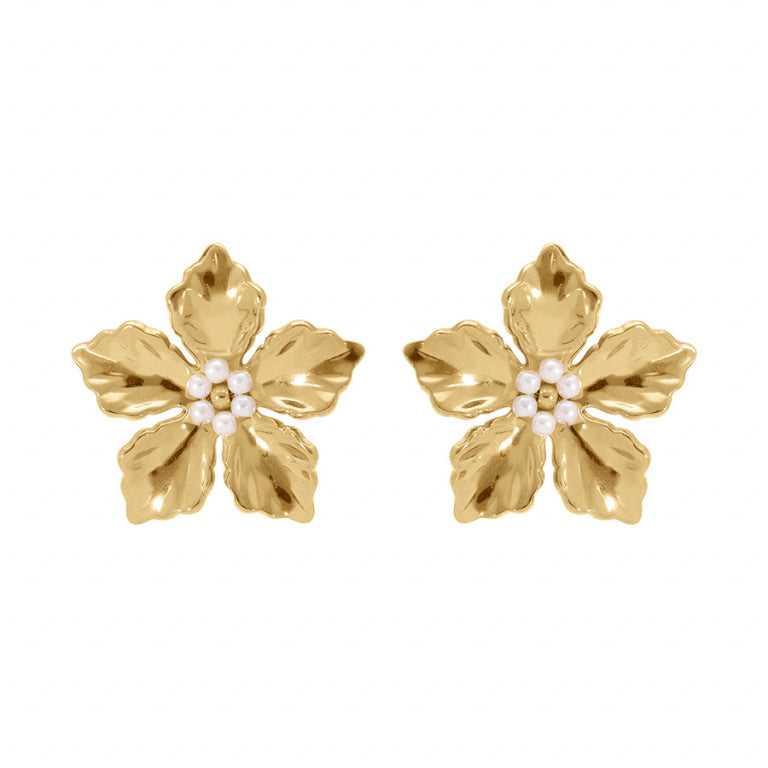 Boucles d’oreilles fleur en acier avec perles blanches imitation