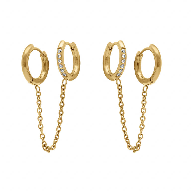 Boucles d’oreilles créoles oxydes blancs sertis avec chainette – Acier | Azuline