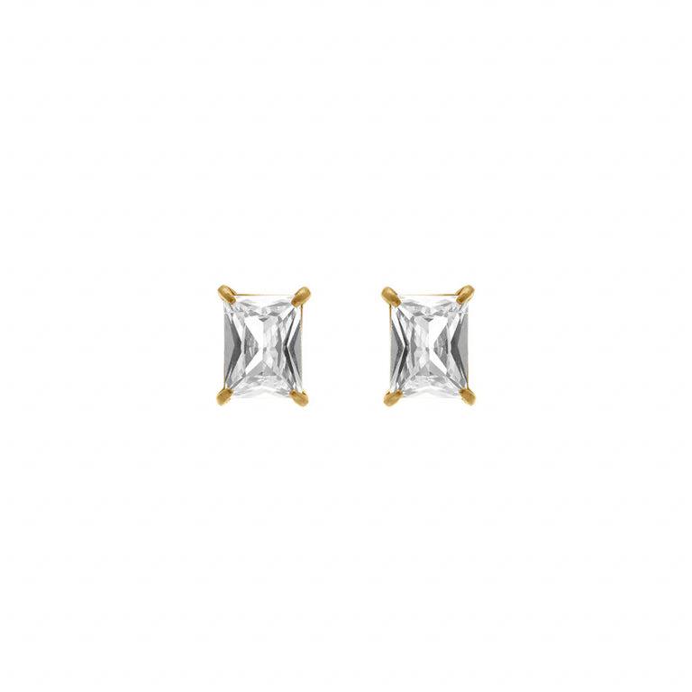 Boucles d’oreilles forme rectangulaire en acier doré avec oxydes blancs