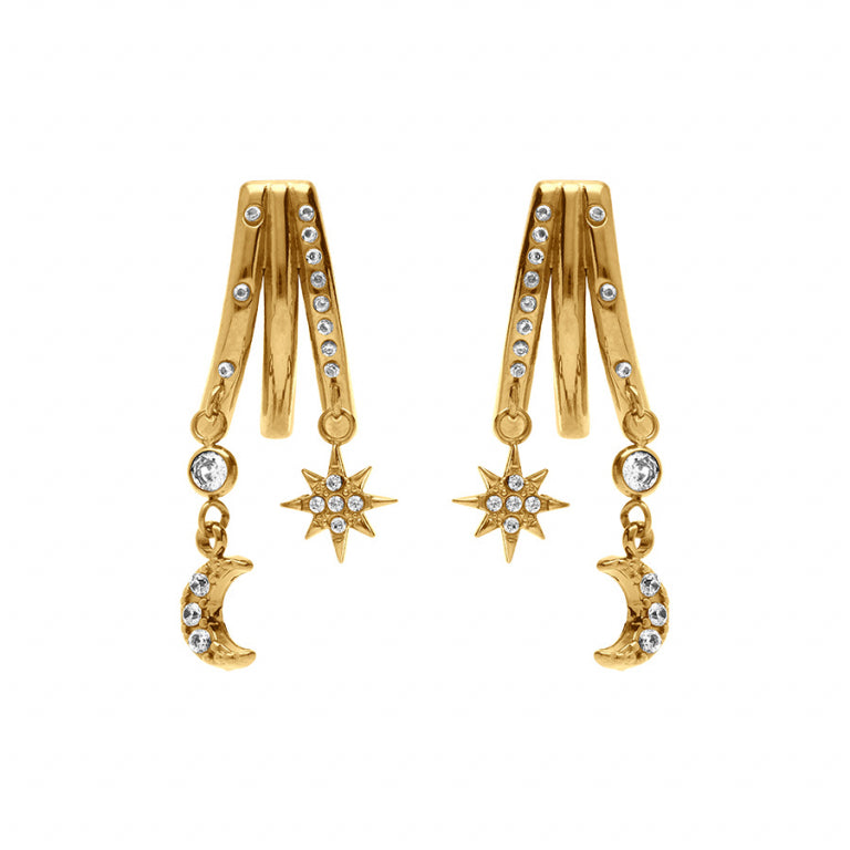 Boucles d’oreilles étoile et lune en acier doré avec oxydes blancs