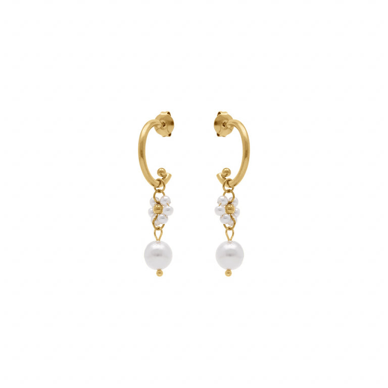 Boucles d’oreilles fleur et boule blanche en acier doré