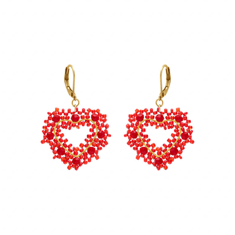 Boucles d'oreilles forme cœur en acier doré avec perles rouges