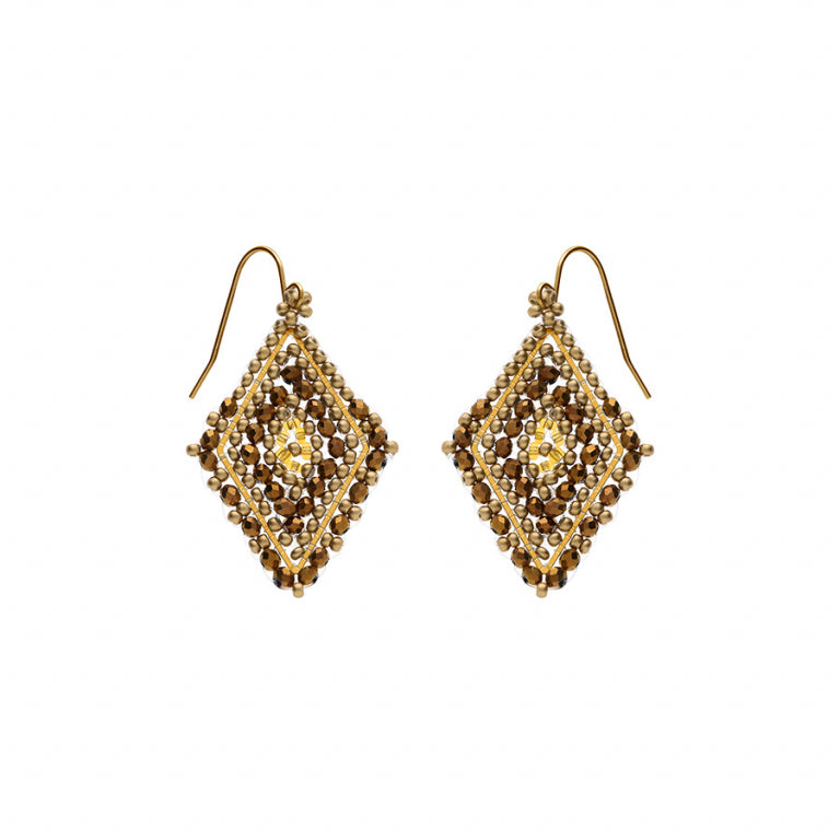 Boucles d'oreilles losange perles de soleil en acier doré