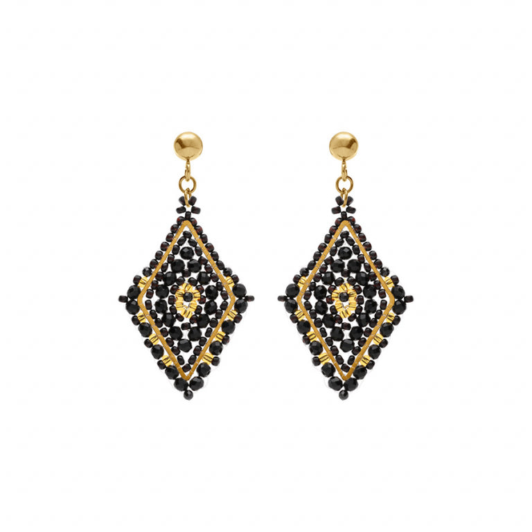 Boucles d’oreilles forme losange en acier doré avec perles noires