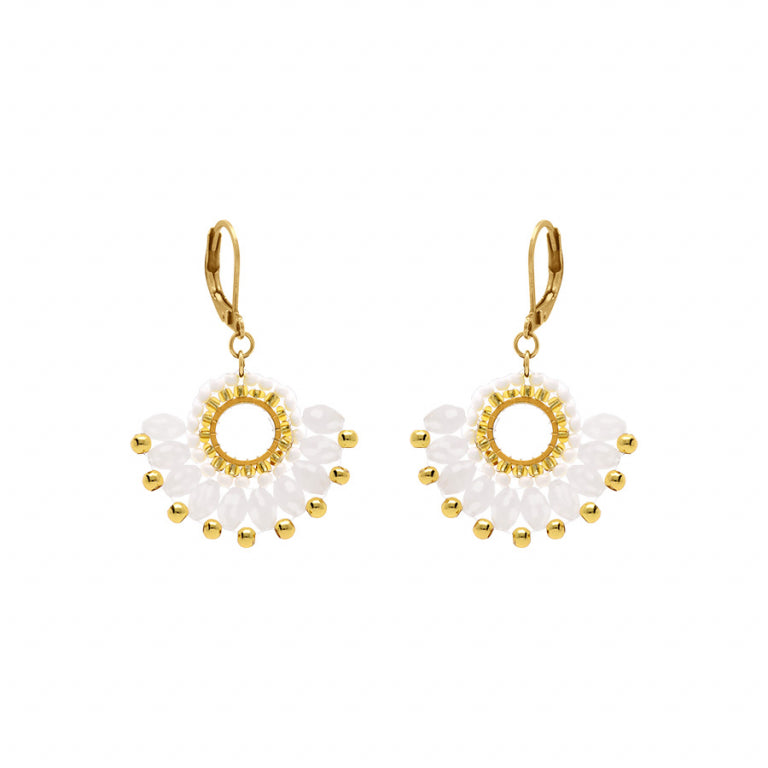 Boucles d’oreilles forme éventail en acier doré avec perles blanches