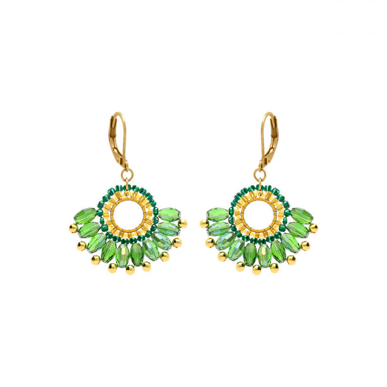 Boucles d’oreilles éventail en acier doré avec perles de soleil