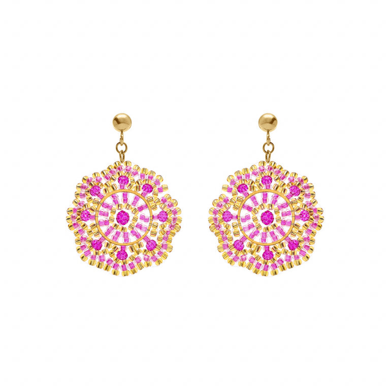 Boucles d’oreilles rondes perles fuchsia en acier doré