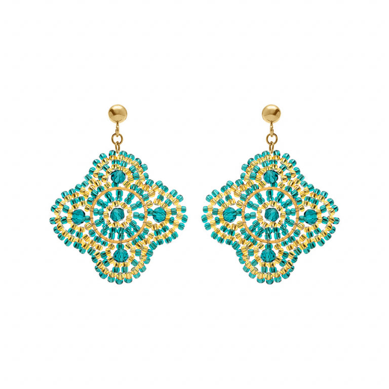 Boucles d’oreilles fleur perles turquoise – Acier doré | Azuline