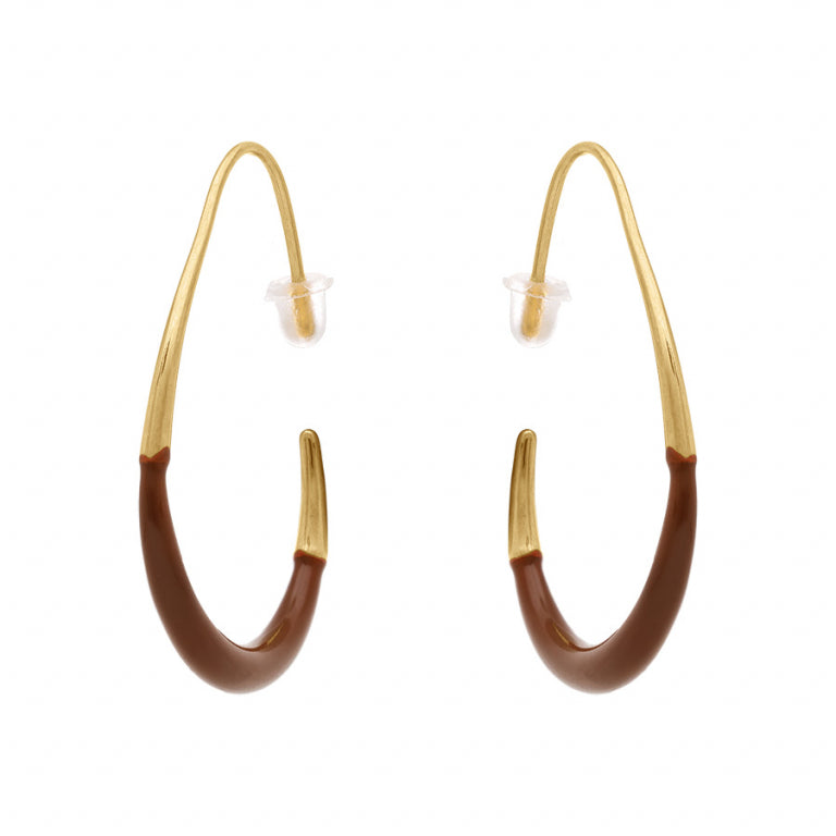 Boucles d'oreilles créoles ovale en acier doré avec résine marron