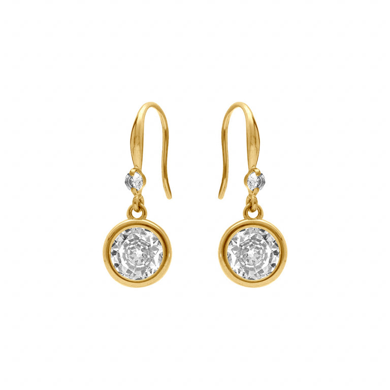 Boucles d’oreilles dormeuse rond en acier doré avec oxydes blancs