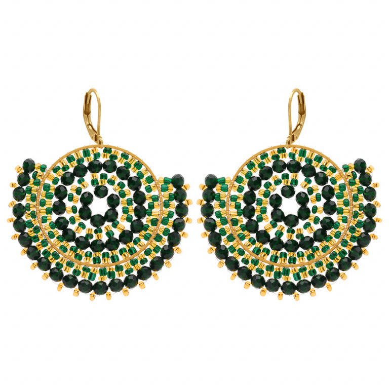 Boucles d’oreilles motif soleil perles vertes en acier doré