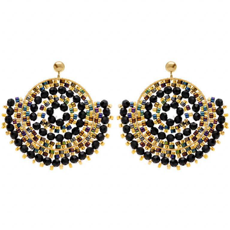 Boucles d'oreilles motif perles de soleil en acier doré avec perles noires