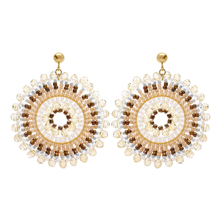 Boucles d’oreilles rondes en acier doré avec perles de soleil beige clair