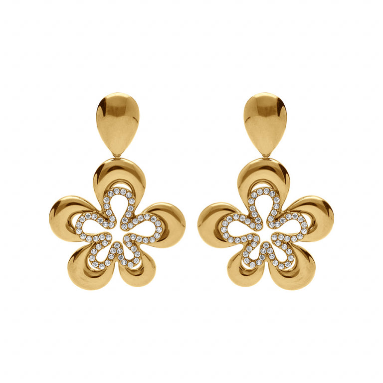 Boucles d’oreilles motif fleur en acier doré avec oxydes blancs