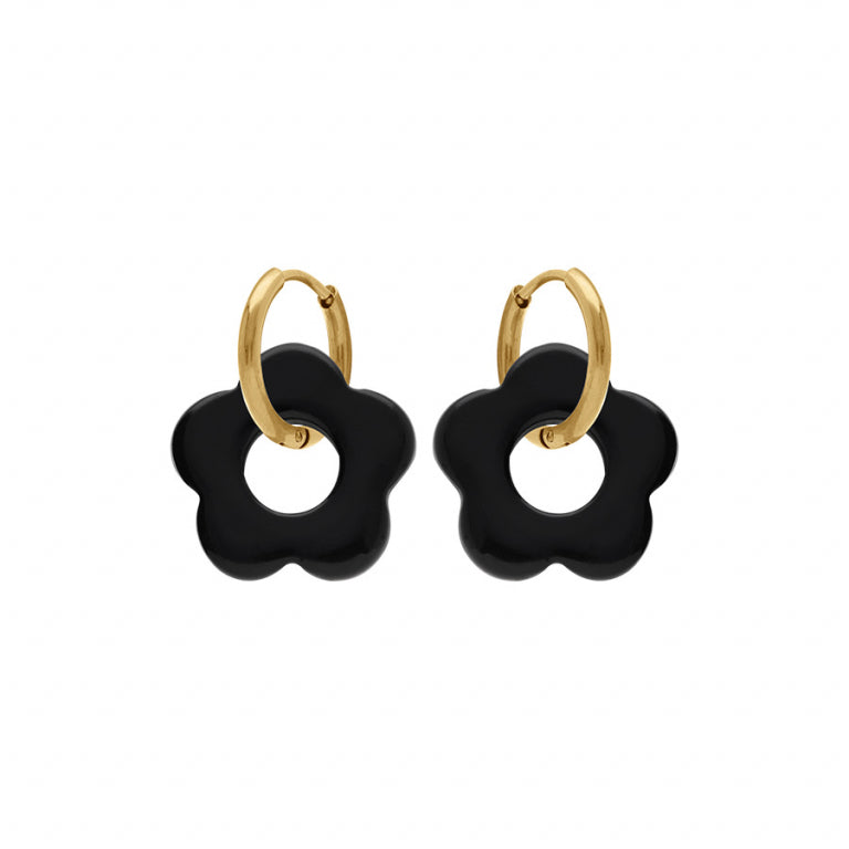 Créoles acier doré motif fleur en résine noire
