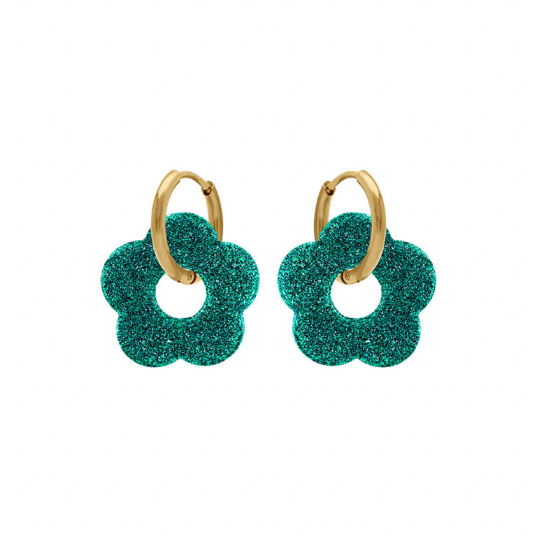 Créoles fleur résine vert turquoise pailleté en acier
