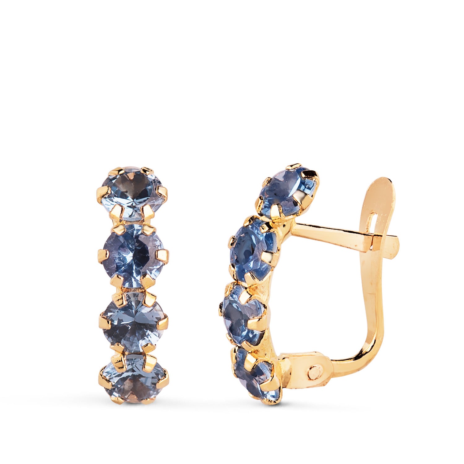 Boucles d'oreilles Or Jaune 18K 4 Zircons Cubiques Bleus en Griffes Taille : 13,5 X 4 mm Fermoir Catalan