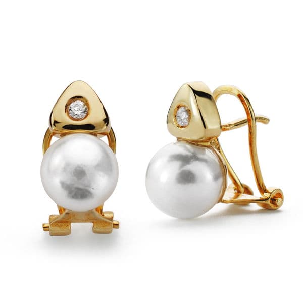 Boucles d'oreilles Or Jaune 18K Perle de Culture 7 mm Zircone Fermoir Omega