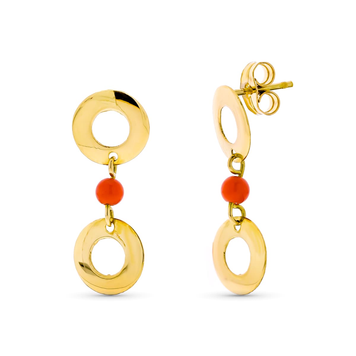 18K Boucles d'oreilles Or Jaune Pendantes Deux Cercles et Corail Fermoir Poussettes Papillon