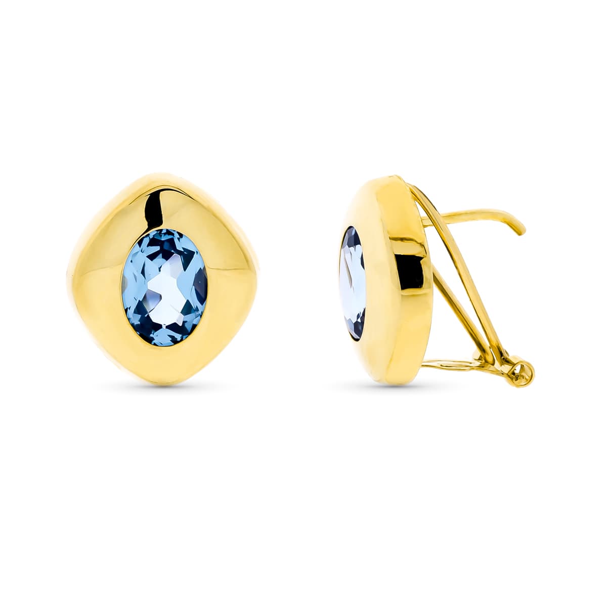 18K Boucles d'oreilles Or Jaune Aigue-marine 8X6 mm Fermoir Omega
